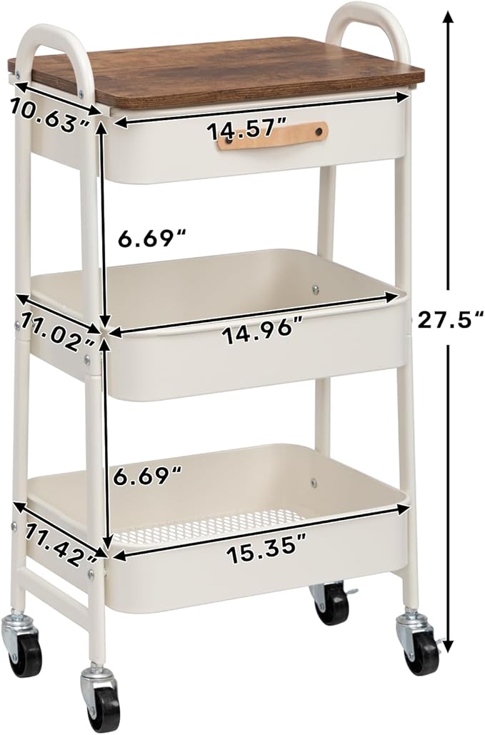 AGTEK Rolling Organizer Cart with Drawer, 3 Tier Movable Metal Utility Cart with Drawer, Mobile Trolley Cart for Home & Office, White