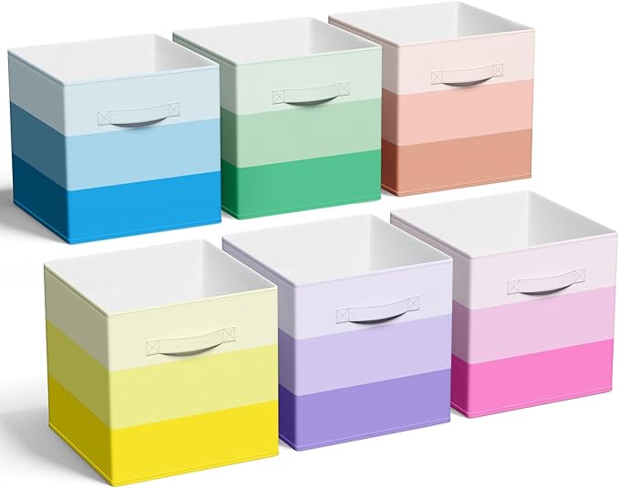 6 Pcs Fabric Storage Cubes Bins with Metal Handle 11 Inch Macaron Colored Striped Style Collapsible Bins Cube Storage Organizer for Clothes Books Kids Room Closet and Toys