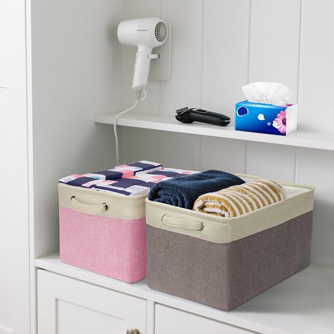 BALEINE 4 Pack Fabric Storage Bins for Shelves, Linen Storage Baskets for Organizing, Decorative Closet Bins for Clothes, Home (Grey, 15"x11"x9.5")