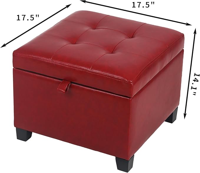 Adeco Faux Leather Storage Ottoman with Hinged Lid, 14 Inch High Red Square Cube Foot Stool with Storage, Upholstered Vanity Stool with Solid Wood Legs for Living Room, Bedroom, Dorm