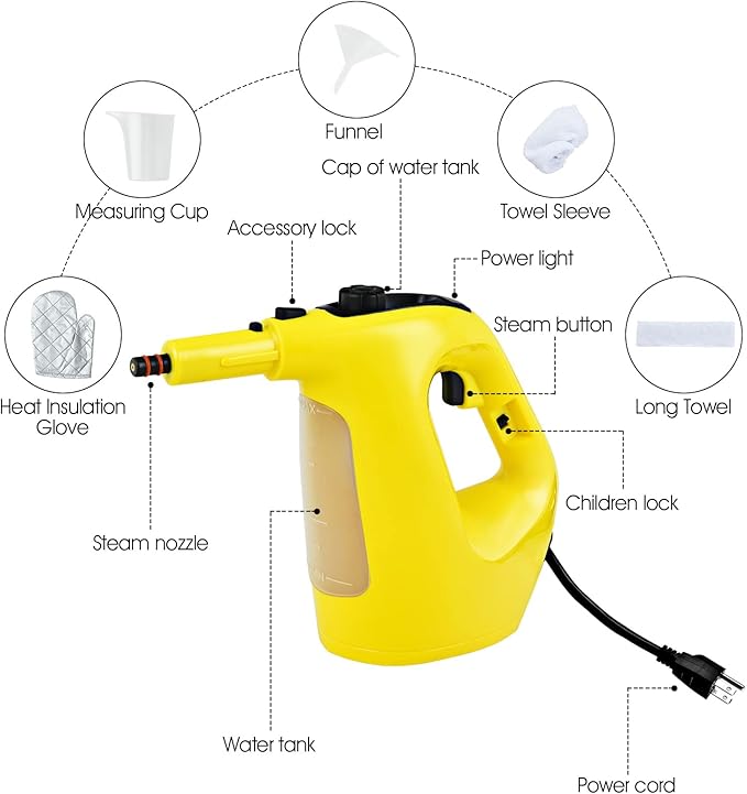 COSTWAY Handheld MultiPurpose Steam Cleaner with 17 Pieces, 350ml Large Capacity Steam Mop Continuous Fill water, Portable Chemical-Free Steamer for Home Use, Floors, Windows, 1400W, Yellow