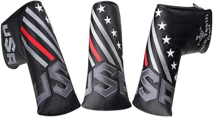 Big Teeth Golf Cover USA Stripe and Star Headcover Covers, Driver Fairway Wood Hybrid Headcovers Fits Blade Mallet Putter Iron and Woods with Magnetic Club Protector Pu Leather Golf Accessories