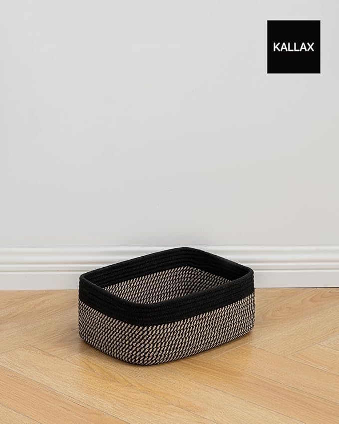 Small Woven Basket, 13.5 x 9.5 x 5 Inches, Storage Basket for Organizing, Cute Small Rope Shelf Closet Cube Storage Bins Baskets for Shelves, Dog Toy Gift Baskets Empty, 3 Pack Black & Brown