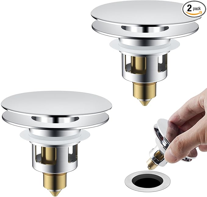 Universal 2PCS Bathroom Sink Stopper 2 in 1 Pop Up Metal Sink Drain Strainer with Hair Catcher, Fit for 1.1~2.36" Sink Basin Hole, Big Cover Cap, Anti-clog, Chrome