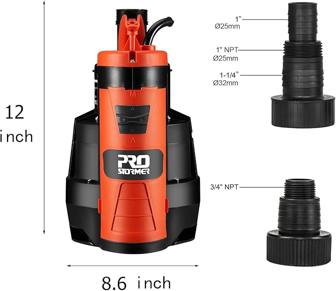 Prostormer Sump Pump, 1/2HP 2110GPH Sumbersible Water Pump, Portable Electric Pump with Build-in Float Switch for pool draining, Crop Irrigation, Yard and Flooded Cellar