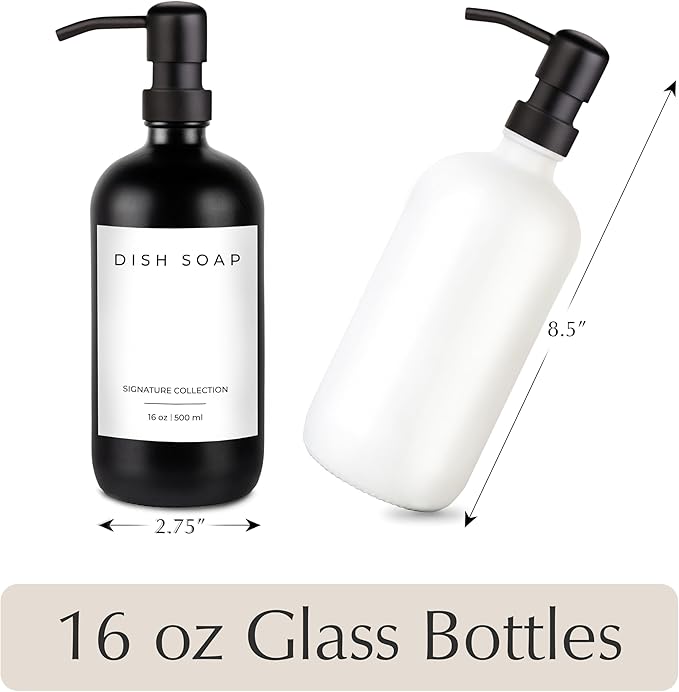 Emerson Essentials Soap Dispenser, Hands and Dishes Bottles, Kitchen Set, Glass Boyylrd with Pump and Labels,16 Ounces, 2-Pack