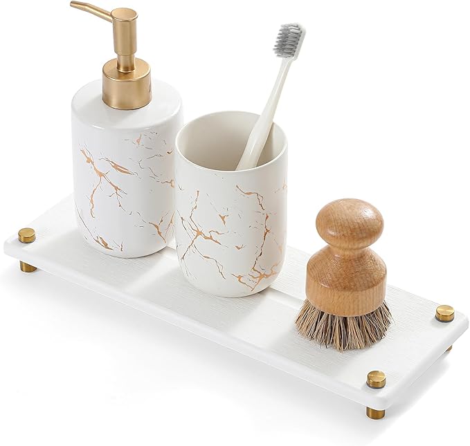 Water Absorbing Stone Sink Caddy Kitchen Sink Organizer Tray, Diatomite Bathroom Counter Tray, Gold Faucet Drying Mat Coaster Soap Dish Rack Riser Dispenser Sponge Holder, White 12.5" x 4.5"