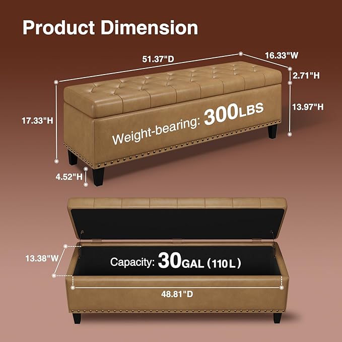 Storage Ottoman Bench, 51-Inch Large Storage Bench for Bedroom End of Bed, 30 Gallons Faux Leather Ottoman for Bedroom, Living Room, Entryway, Hallway, Camel