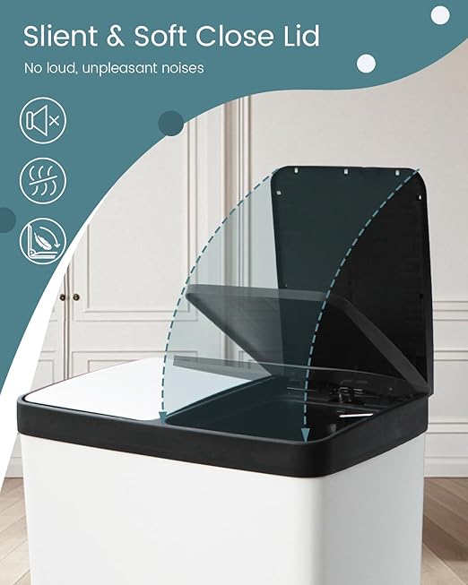 Dual Compartment Stainless Steel Trash Can, 16 Gallon / 60 Liters White Kitchen Garbage Bin with Silent Sealed Lids, Dual Recycling and Trash White for Home & Office