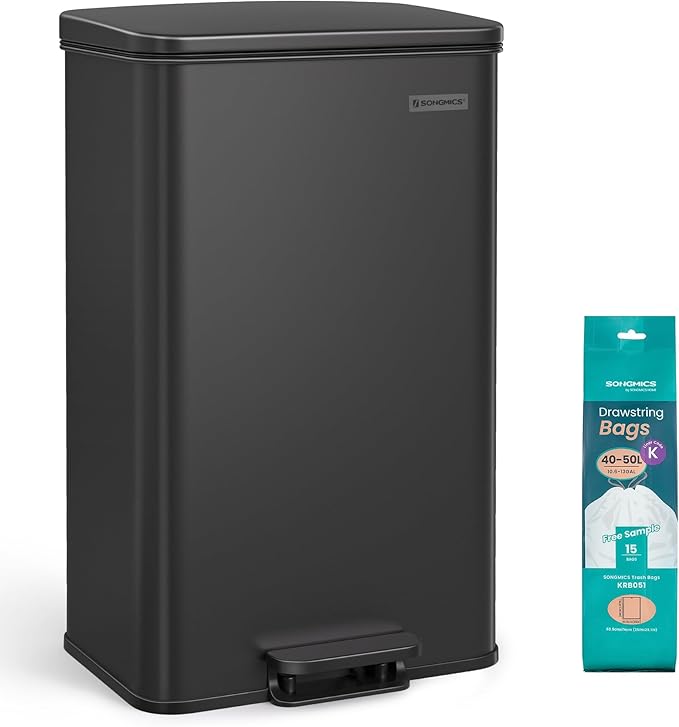 SONGMICS Kitchen Trash Can, 10.5 Gallon (40 L) Garbage Can, Large Step Trash Bin with Lid, Stainless Steel, Soft Close, 15 Trash Bags Included, Black ULTB540B40