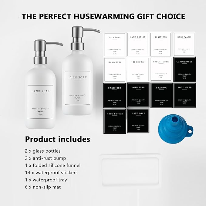 Thick Glass Soap Dispenser - Kitchen Dish Hand Soap Dispenser Set, Rustproof Pump Soap Lotion Dispenser Bathroom with Tray,14 Stickers for Kitchen Decor White Bottle/Silver Pump