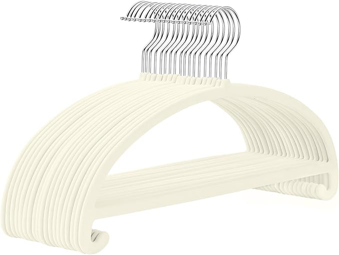 MIZGI 50 Pack Ivory Velvet Hangers - No Shoulder Bumps, Heavy Duty Non-Slip Chrome Hooks for Jackets, Coats, Pants