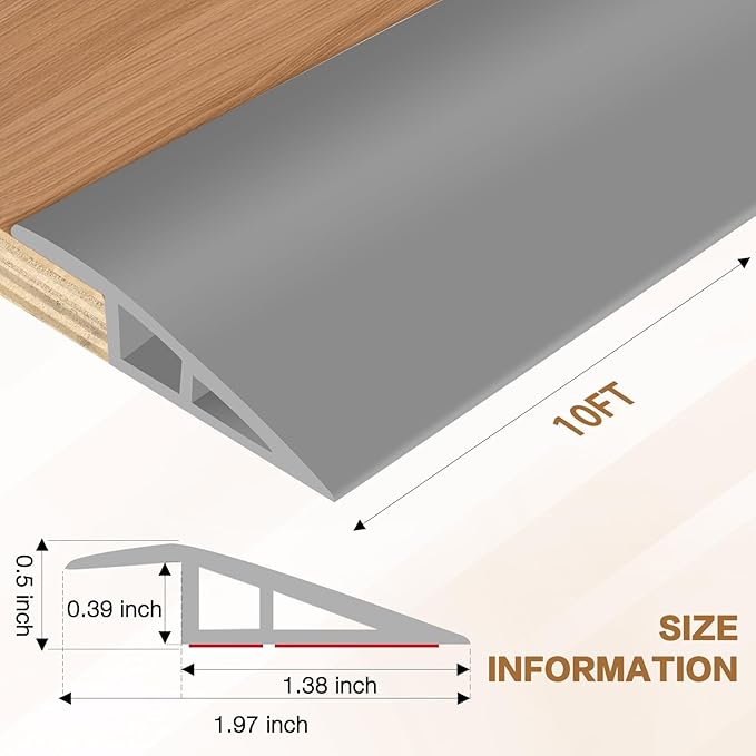 Floor Transition Strip Vinyl Door Threshold Ramp Self Adhesive Carpet Edging Strip Doorway Edge Trim, Overlap Edge Reducer for Laminate Carpet, Floor, Tile (Gray, 1/5" to 2/5", 10Ft)