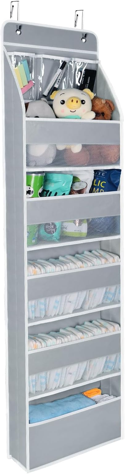 Univivi 6-Shelf Over Door Hanging Organizer Fabric Baby Door Storage with 5 Large Pockets and 3 Small PVC Pockets Wall Mount Hanging Storage Organizers for Baby Essential (Grey)