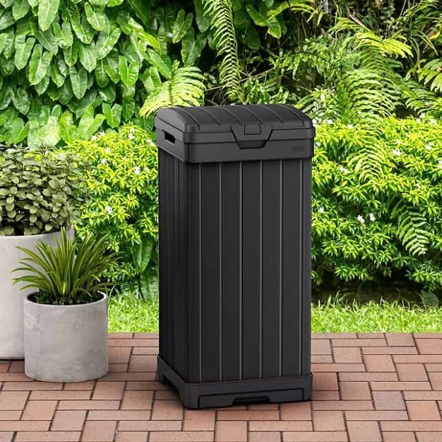 Outdoor Trash Can with Hinged Lid, 33 Gallon Capacity, Built-in Handles