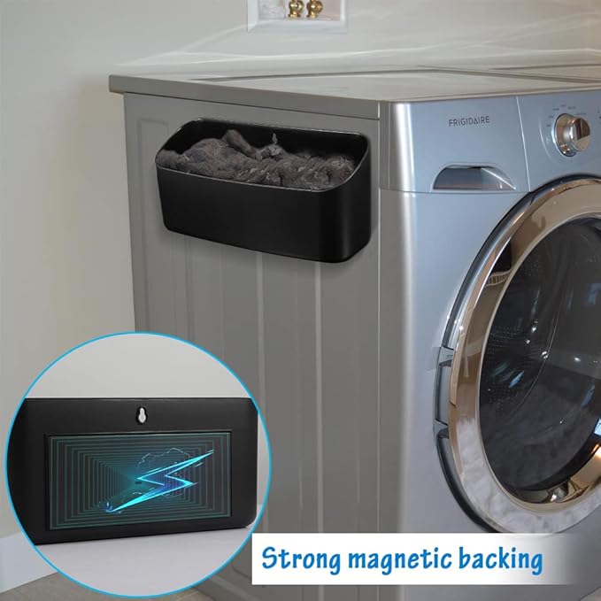 Picowe Magnetic Laundry Storage, Large Lint Holder Bin for Laundry Room, Space-Saving Trash Container Hanging on Dryer, Washer or Wall Mount Trash Bin (Black)