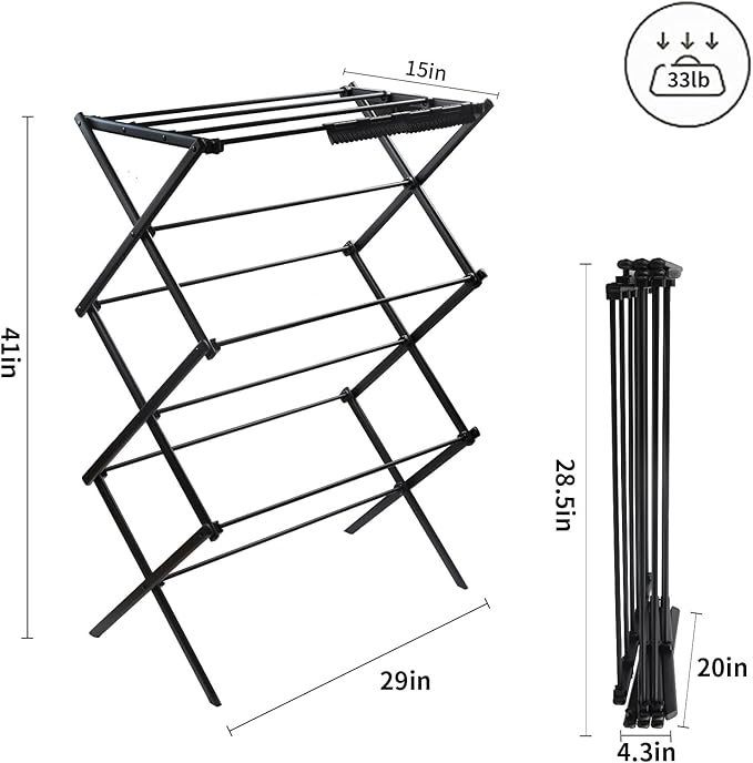 3 Tiers Foldable Clothes Drying Rack, Vertical Laundry Rack Portable and Collapsible for Storage Indoor Outdoor，Piano Black