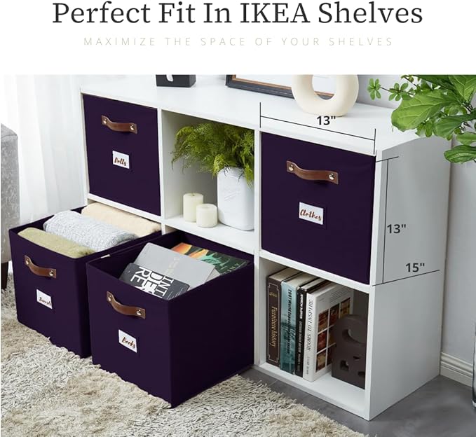 DECOMOMO Storage Baskets, 13x15x13 Storage Cube Bins with Labels for Organizing Shelves Kallax (Kallax / 4pcs, Deep Purple)