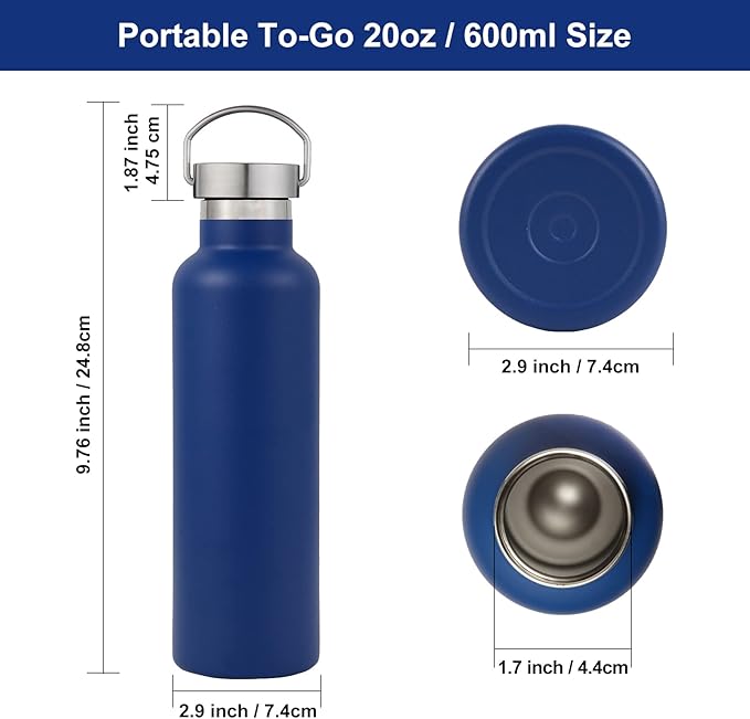 Neihepal Navy Stainless Steel Water Bottles,20 Ounce Vacuum Insulated Double Wall Travel Bottle with Leak Proof Lid of Handle,Metal Reusable Standard Mouth Flask Thermoses for School,Hikers,Gift