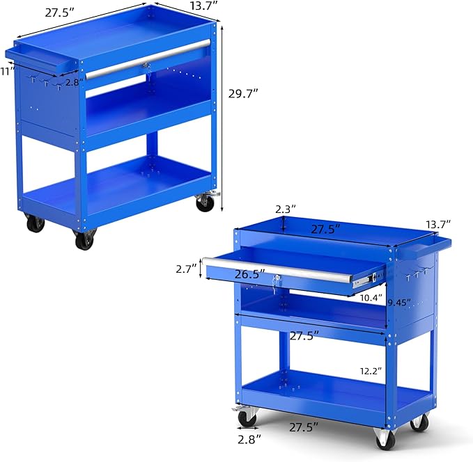 3 Tier Rolling Tool Cart Utility Cart on Wheels, Heavy Duty Tool Chest Storage Tool Box Cart, Industrial Mechanic Service Cart with Locked Drawers for Garage, Warehouse, Repair Shop, Workshop Blue