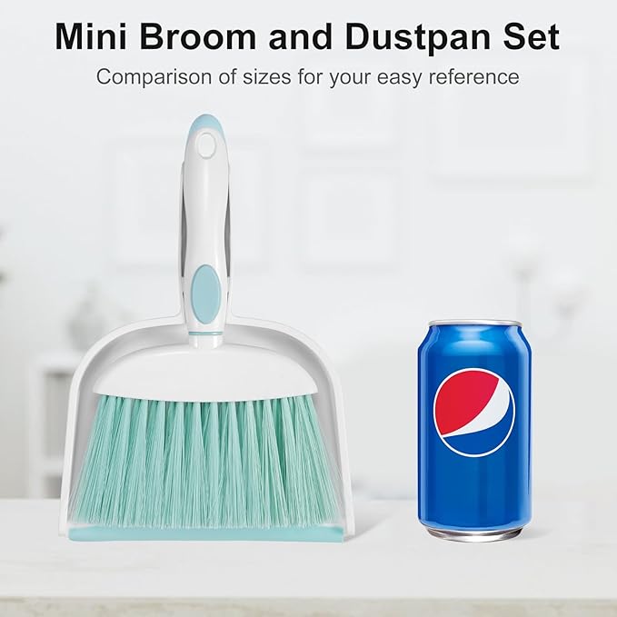 NACENA Small Dust Pan and Brush Set, Mini Broom and Dustpan Set Small Hand Broom and Brush Combo Dust Pan with Teeth for Home Cleaning Drawers Desktop Sofas Pet Care and Outdoor, Blue