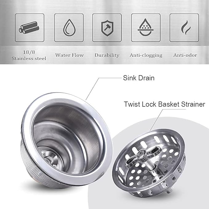 304 Stainless Steel Kitchen Sink Twist Lock Basket Drain Assembly W/Brass Nuts-VARNAHOME