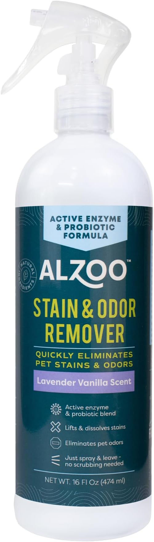 ALZOO Stain & Odor Remover, Quickly Lifts & Dissolves Pet Stains & Helps Eliminate Odors, 100% Plant-Based Active Ingredients, Lavender Vanilla Scent, 16 Fl. Oz Spray Bottle