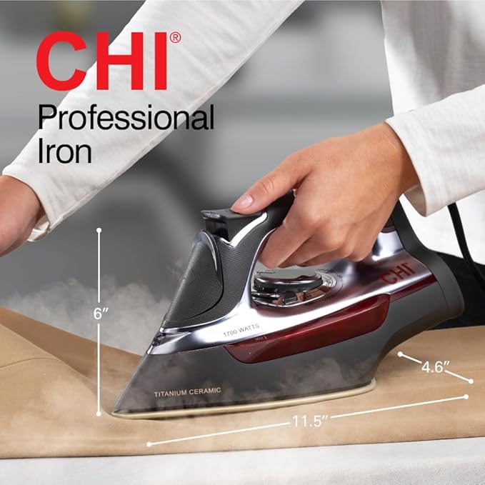 CHI Steam Iron for Clothes with 300+ Holes for Powerful Steaming, Temperature Guide Dial, 1700 Watts, XL 10’ Cord, 3-Way Auto Shutoff, Titanium Infused Ceramic Soleplate, Silver (13101)