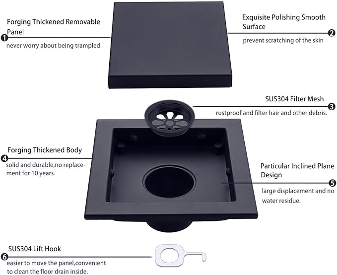 RANDOM Black Shower Drain Square with Removable Tile Insert 6 Inch Drain Cover and Hair Strainer,SUS 304 Stainless Steel Matte Black Shower Floor Drain