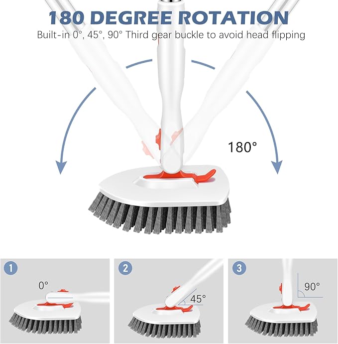SetSail Floor Scrub Brush, 3-In-1 Tile Tub Floor Scrubber with 52-inch Adjustable Long Handle Shower Cleaner Brush and 4 Detachable Replacement Brush Heads for Cleaning Bathroom Kitchen Walls Tub Tile