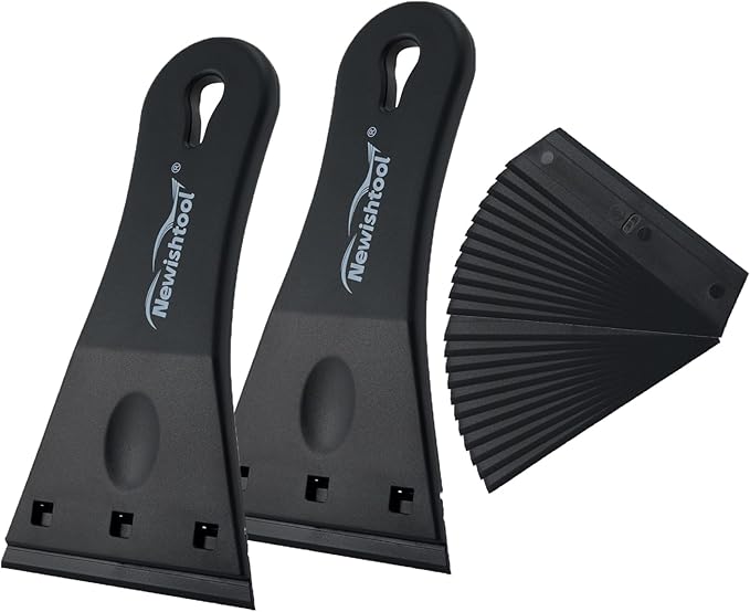NewishTool Plastic Razor Scraper with 3-Inch Blade, Pack of 2 with 20 Extra Blades for Glue Residue Labels, Decals & Stickers on Windows & Glass