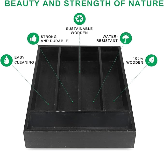 Small Wooden Silverware Organizer Tray Narrow Kitchen Drawer Dividers Utensil Organizers and Storage Black Cutlery Trays Spoon Flatware Organizer for Drawer Bamboo Cutlery Utensil Holder Tray