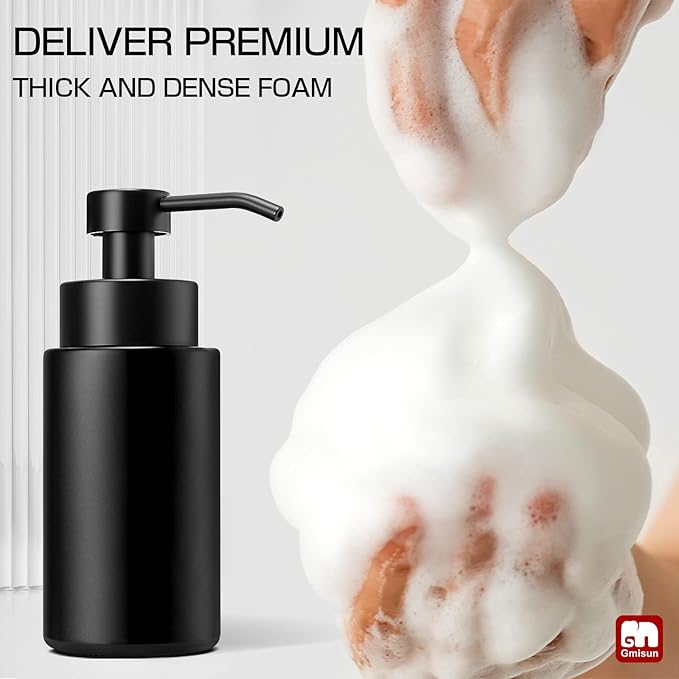 GMISUN Foaming Soap Dispenser, 10 Fl oz/300 ml Matte Black Glass Foaming Hand Soap Dispenser, 2Pcs Hand Soap Dispensers for Bathroom & Kitchen, Refillable Foam Soap Pump Bottle with Waterproof Labels
