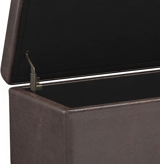 SIMPLIHOME Avalon 54 inch Wide Contemporary Rectangle Extra Large Storage Ottoman Bench in Distressed Brown Vegan Faux Leather, Assembled, for The Living Room, Entryway and Family Room