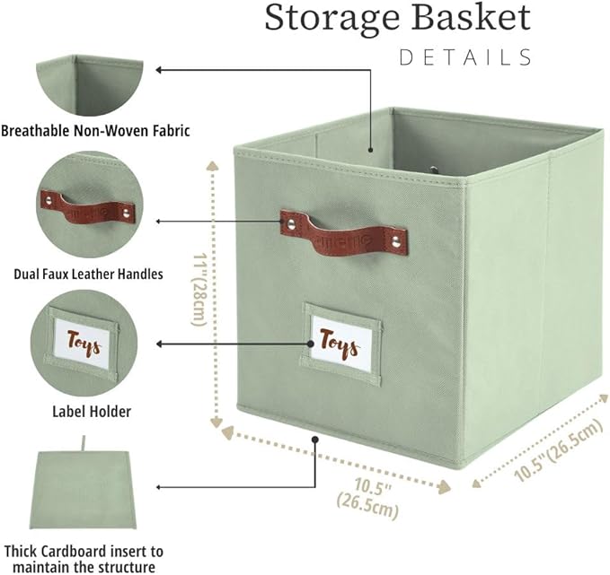 DECOMOMO Storage Bins, Cube Storage Bin with Labels, Fabric Storage Cubes for Shelves (10.5" x 11" / 6pcs, Sage Green)