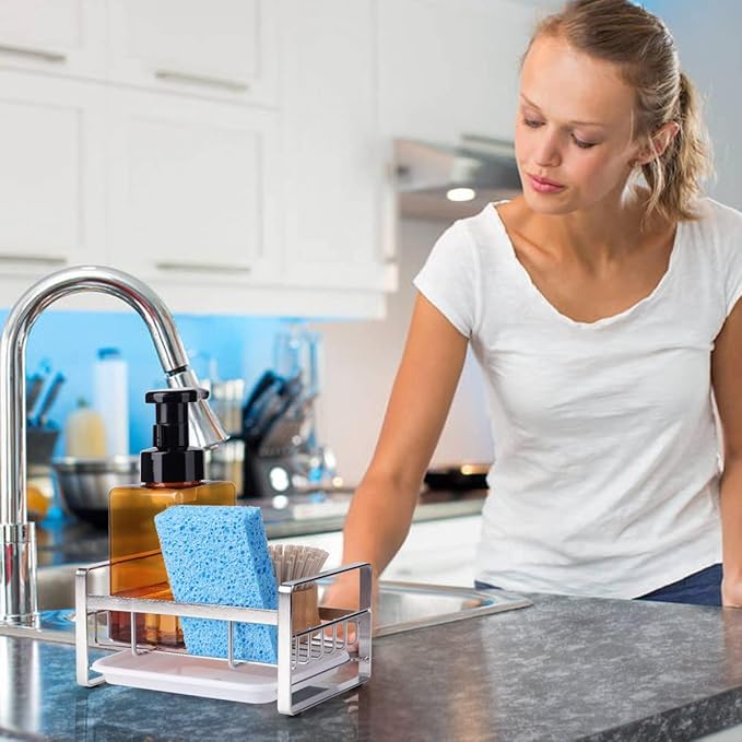 HULISEN Kitchen Sink Sponge Holder, 304 Stainless Steel Kitchen Soap Dispenser Caddy Organizer, Countertop Soap Dish Rack Drainer with Removable Drain Tray, not Including Dispenser and Brush