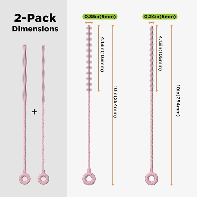 2 Pcs Silicone Straw Cleaner Brush, Extra Long Cleaning Brushes for Straws, 6mm&9mm, Pink