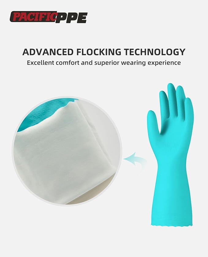 PACIFIC PPE 4 Pairs Reusable Dishwashing Cleaning Gloves with Latex Free, Cotton Lining, Kitchen Gloves, Green, Medium