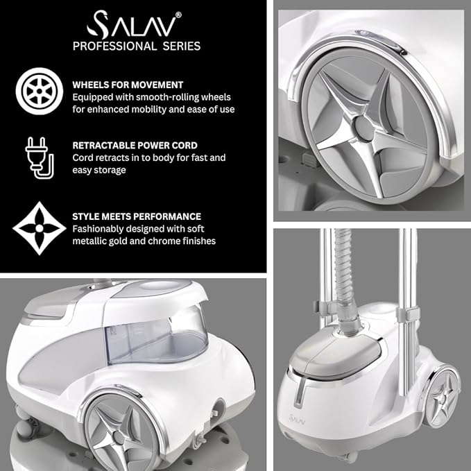 SALAV GS45-DJ Professional Upright Garment Steamer with Roll Wheels, Multi-Function Extra Wide Hanger, Fabric Brush & Mini Ironing Paddle, 1500 watts, Silver