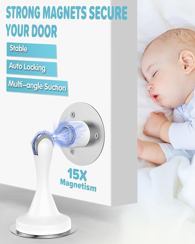 Magnetic Door Stoppers Door Catch - 2 Pack Stainless Steel Heavy Duty Door Stops for Bottom of Door, Wall & Floor Mounting No-Drill Strong Adhesive & Screws, Door Holder to Keep Door Open