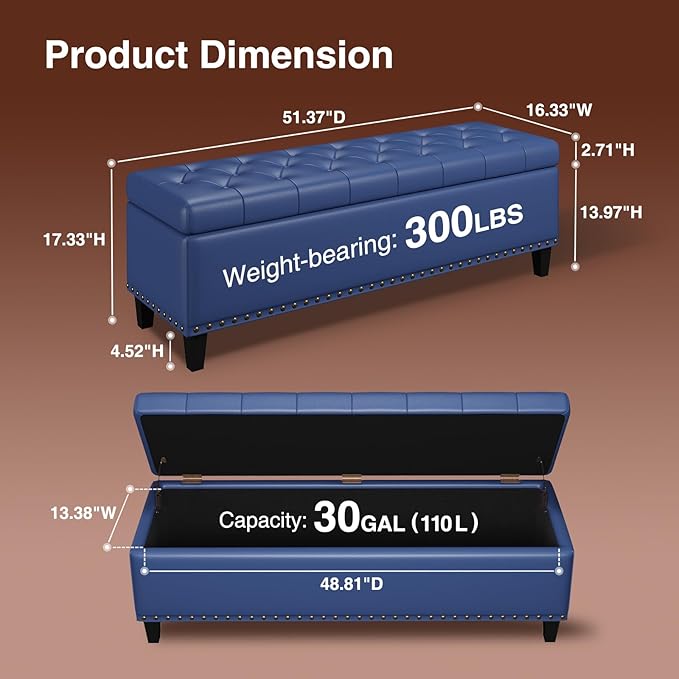 Storage Ottoman Bench, 51-Inch Large Storage Bench for Bedroom End of Bed, 30 Gallons Faux Leather Ottoman with Storage for Bedroom, Living Room, Entryway, Hallway, Blue
