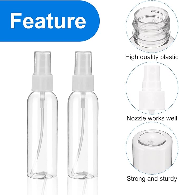 uxcell 10 Pack Spray Bottles, 2 Oz/60ML Clear Empty Mist Plastic Mini Travel Bottle Set,Small Refillable Liquid Containers for Household Use, Essential Oil, Cleaning (Transparent White)