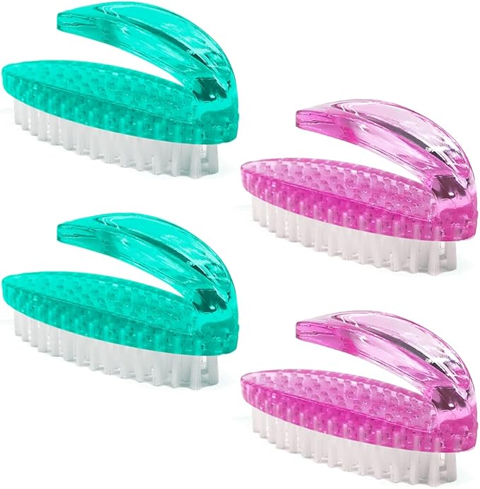 Handle Grip Nail Brush for Cleaning Fingernails Hands & Under Nails, Stiff Bristle Mechanic Scrub Brush Cleaner for Men Women, Pedicure Scrubbing Tool Kit (2 Pink + 2 Green)