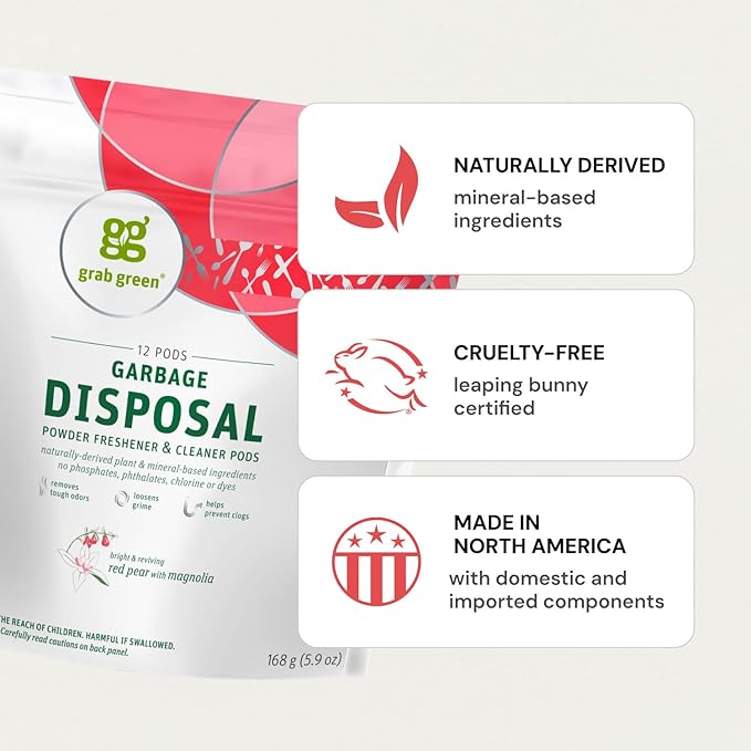 Grab Green Garbage Disposal Freshener and Cleaner Pods, 12 Count, Tangerine with Lemongrass Scent, Plant and Mineral Based, Removes Odors, Loosens Grime, Prevents Clogging