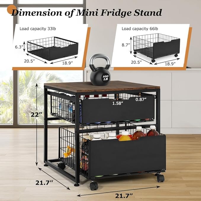 Mini Fridge Stand with Storage Drawer, 21.7”x21.7” Heavy Duty Mini Fridge Table with Wheels, Rolling Beverage Cart with Basket for Home, Office, Bedroom, Brown