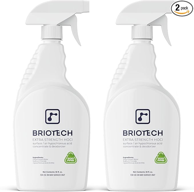 BRIOTECH Extra Strength HOCl Cleaner, 500 PPM Hypochlorous Acid Concentrate, ULV Foggers & Humidifiers, Professional Deodorizer for Dental, Offices, Schools, Homes, Peroxide Free, 32 fl oz (2 Pack)