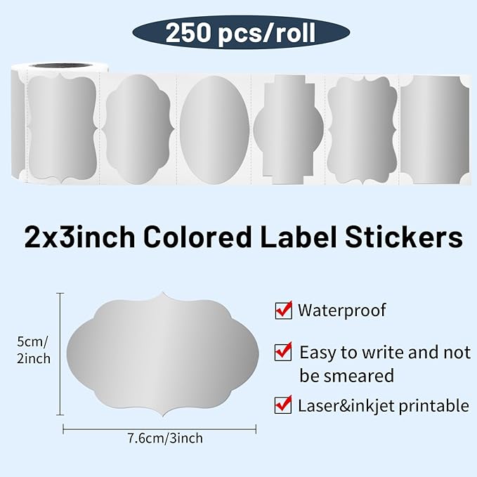 Silver Labels Stickers, 250 PCS 3" x 2" Fancy Shape Stickers Labels for Storage Box or Food Jars Holiday Present Stickers Christmas Gift Tags Stickers