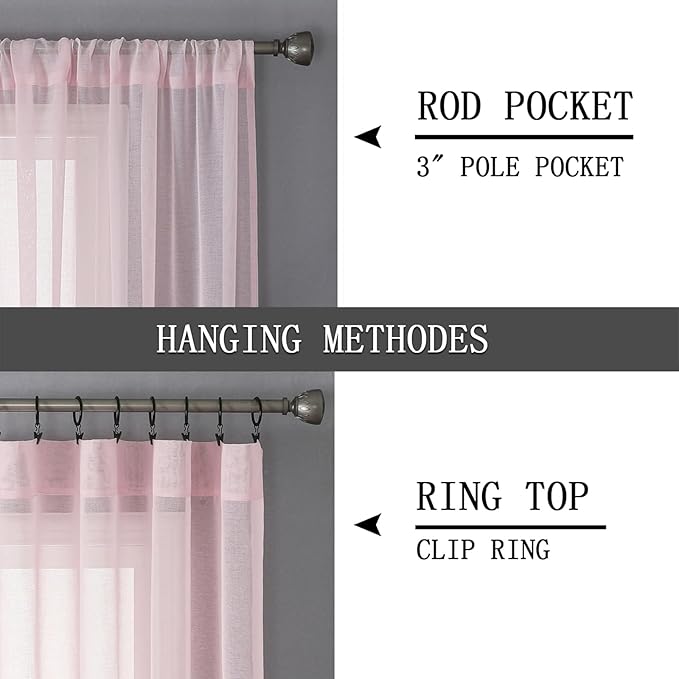 Tollpiz Short Sheer Curtain Living Room Linen Textured Curtains Sheer Light Filtering Voile Rod Pocket Curtain for Bedroom, 38 x 54 inches Long, Pink, Set of 2 Panels