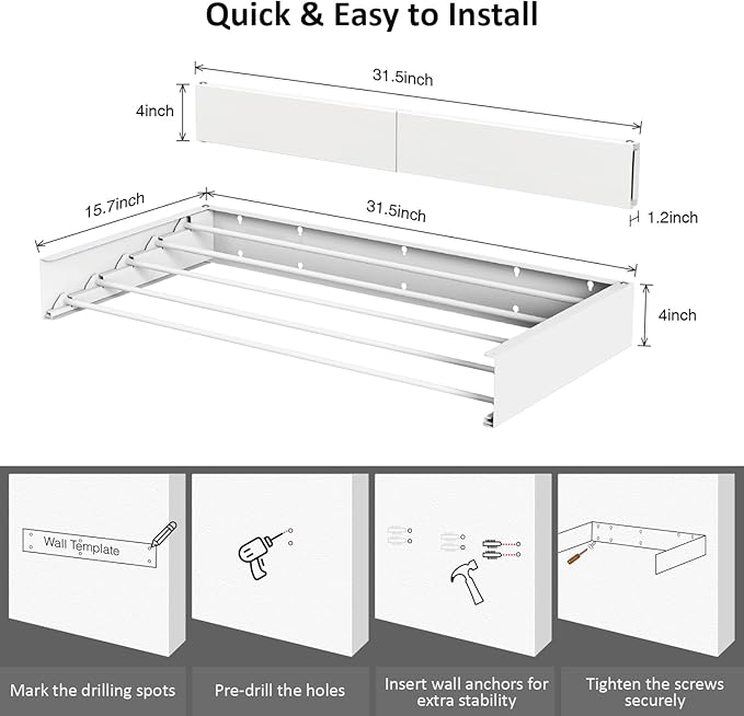 Laundry Drying Rack, Collapsible Wall Mounted Clothes Drying Rack - Foldable,Space Saving, 13.2 Linear Ft, 5 Aluminum Rods, 60 lb Capacity (White, 31.5)