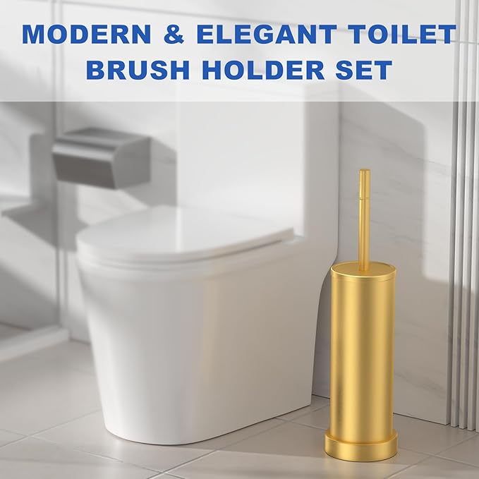 Toilet Brush and Holder Set: 304 Stainless Steel Brushed Gold Toilet Bowl Brush and Holder with Removable Inner Bowl and Splash Protection, Heavy Duty Long Handle Bathroom Cleaning Tool